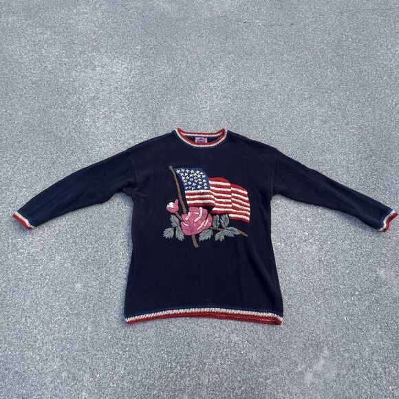 Vintage 90's Cambridge Knitted Sweater American Flag Rose Womens Large (21x27.5) - Picture 1 of 7